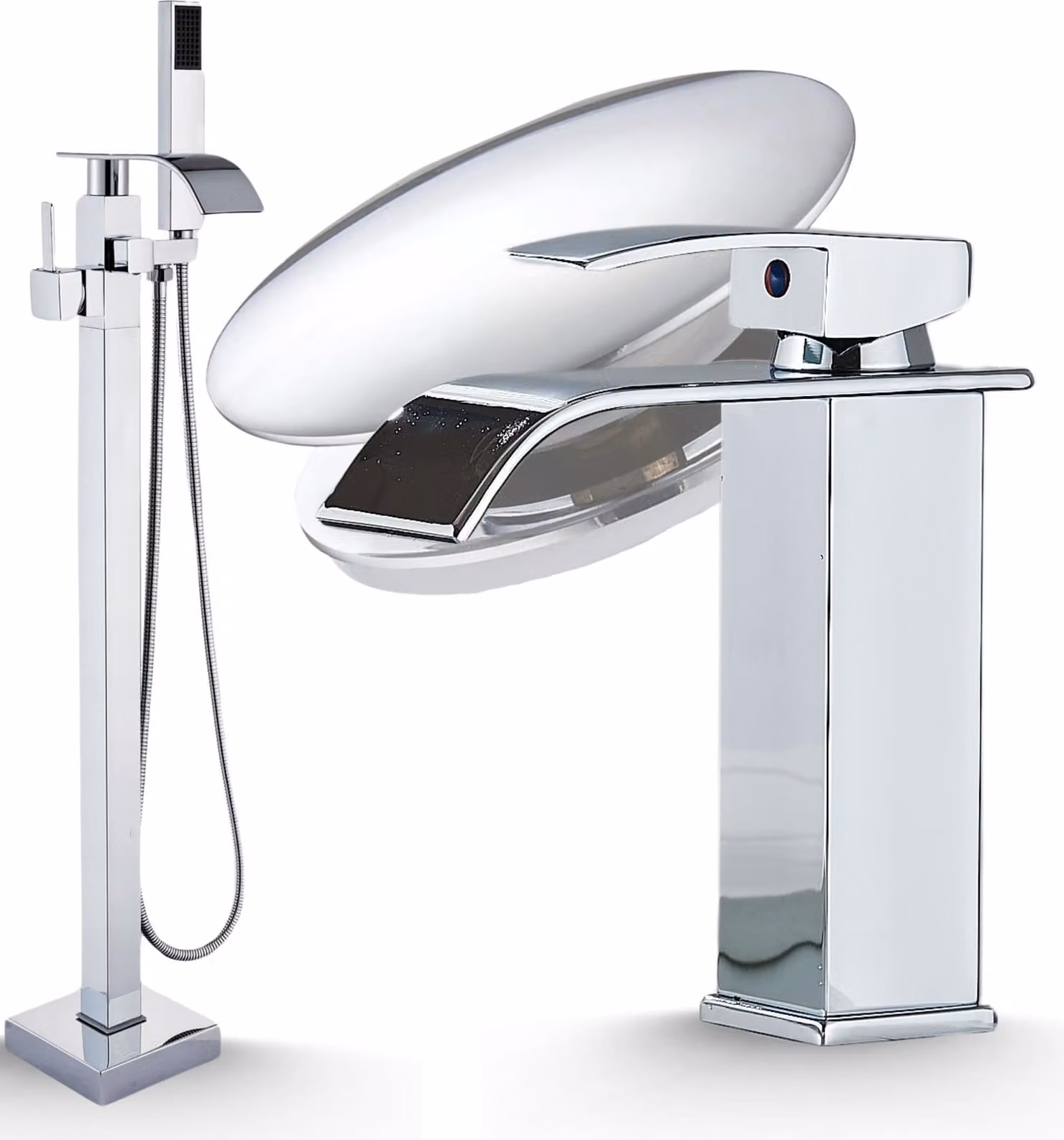 Miscelatore da bagno freestanding Ari, rubinetto vasca cromato con beccuccio girevole a 360 gradi, doccetta, cartuccia Vetroceramica