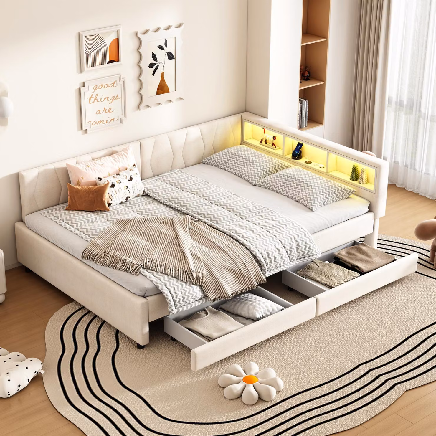 Divano letto STILVORA Letto imbottito 90×200 con USB+Tipo C, letto per bambini con cassetti, letto da giorno con luce LED comandata da app, senza materasso