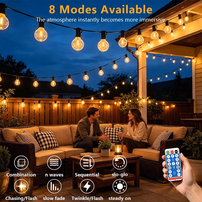 Catena luminosa LED G40 – Illuminazione esterna a energia solare – 15 metri – 25 lampadine LED – Telecomando – Dimmerabile – Impermeabile – 8 modalità di illuminazione