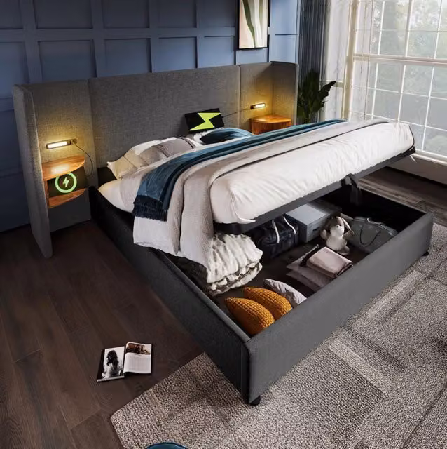 Letto matrimoniale 180x200 cm con contenitore; testiera con lampada da lettura; USB e Type-C; grigio