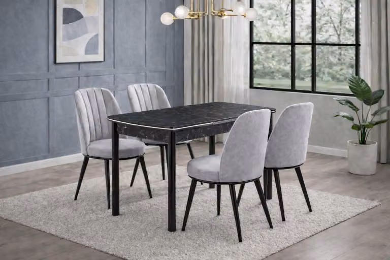 Tavolo da pranzo con 4 sedie, stile moderno, colore grigio, forma quadrata, confortevole