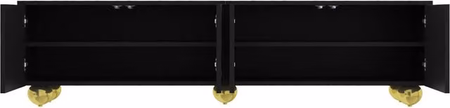 Mobile TV in truciolare con ante nere decorate oro, gambe tonde dorate, 170x38x44 cm