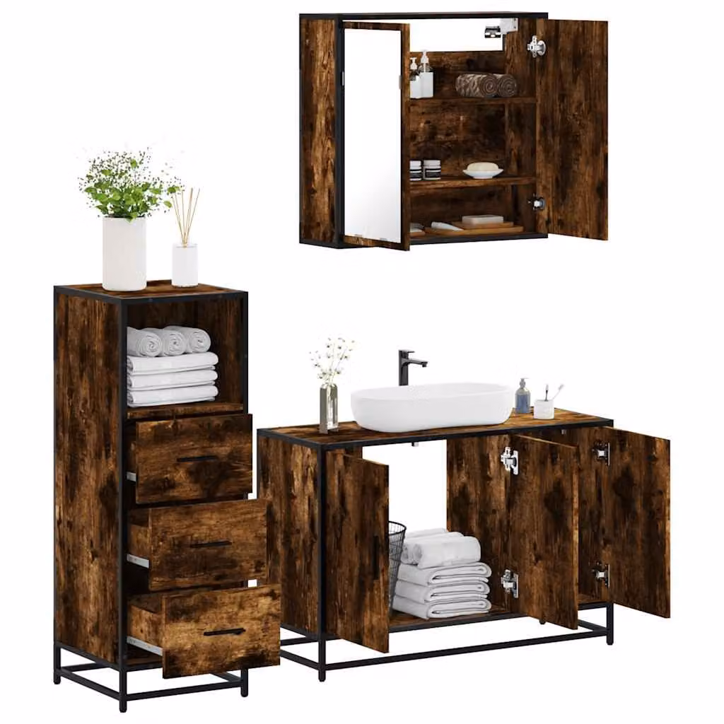Set di mobili da bagno vidaXL in stile industriale composto da 3 pezzi in legno rovere e metallo, colore marrone, L: 90 cm, P: 33 cm, H: 60 cm