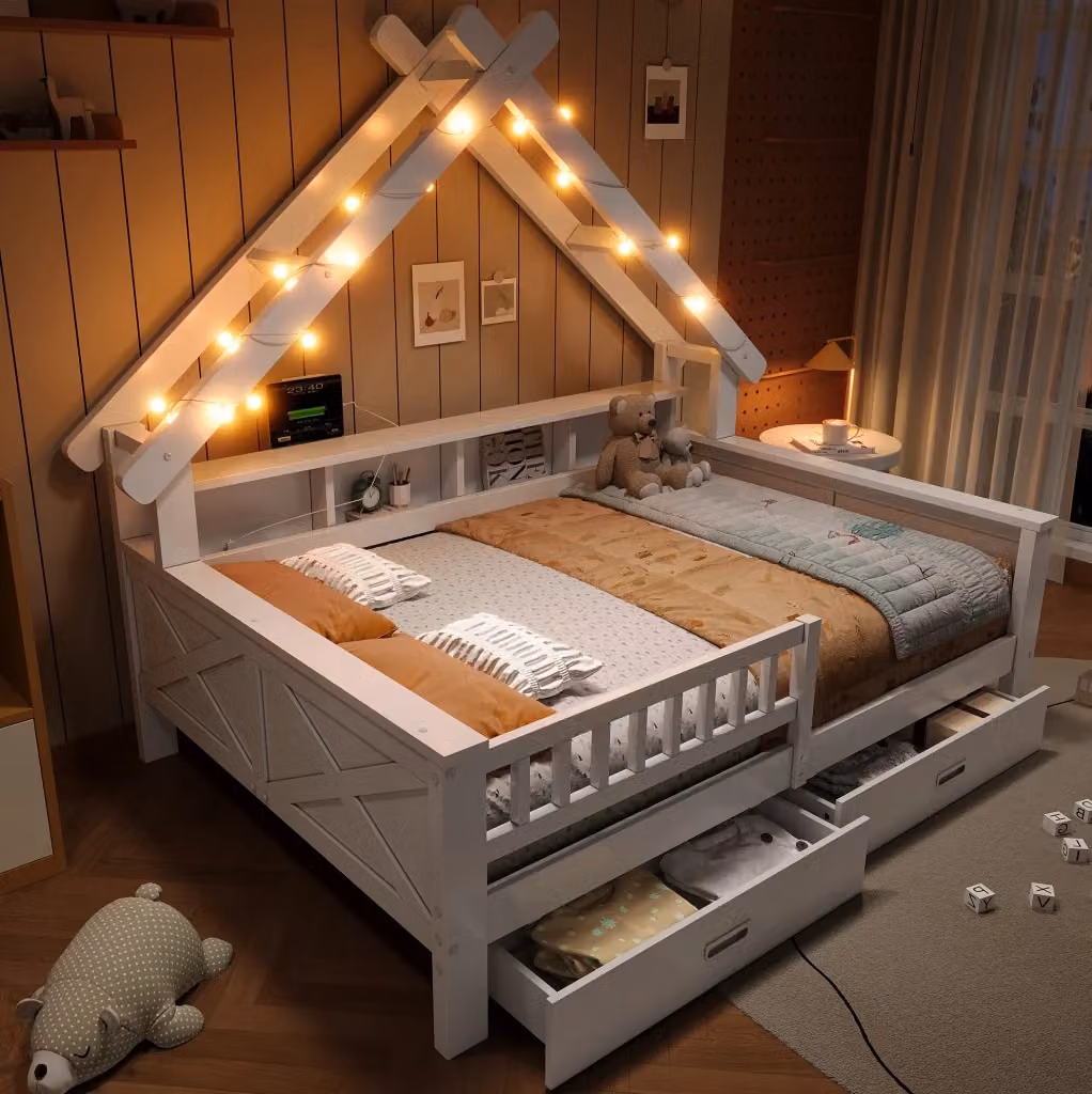 Letto a piattaforma per bambini a forma di casa con illuminazione LED, ripiani, cassetti e barriera, colore bianco, L/P/H: 205 x 140 x 147 cm – 2