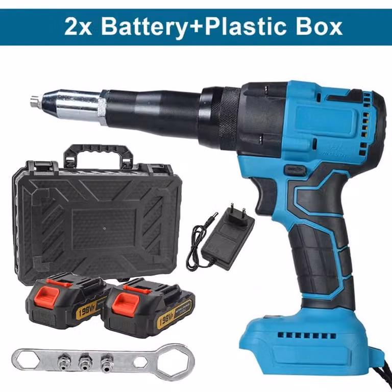Pistola elettrica per rivetti senza spazzole - Trapano/avvitatore a batteria per rivetti, 720W - Rivetatrice automatica - Compatibile con batterie da 18V - Valigetta in plastica per 2 batterie