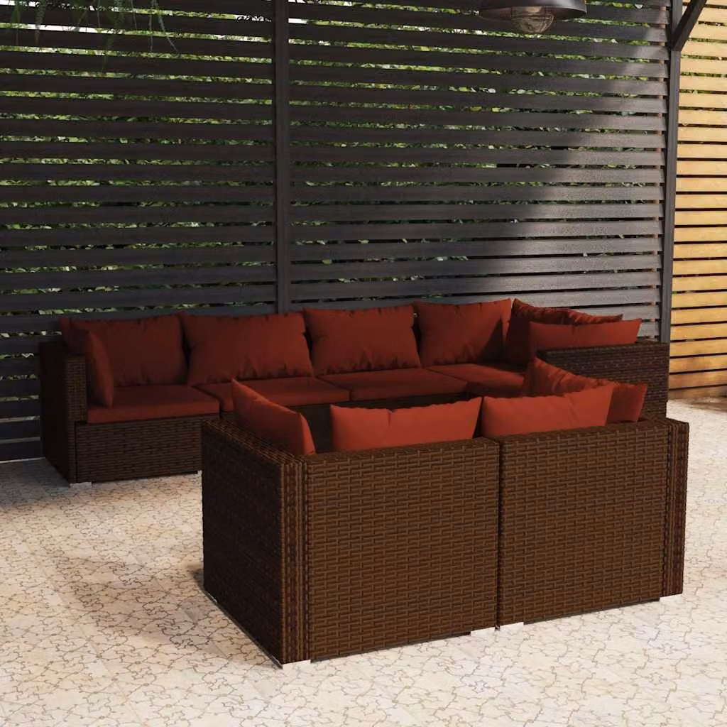 Set di divani da giardino vidaXL a forma di L composto da 7 pezzi in rattan marrone con cuscini imbottiti e coperture rimovibili – 1