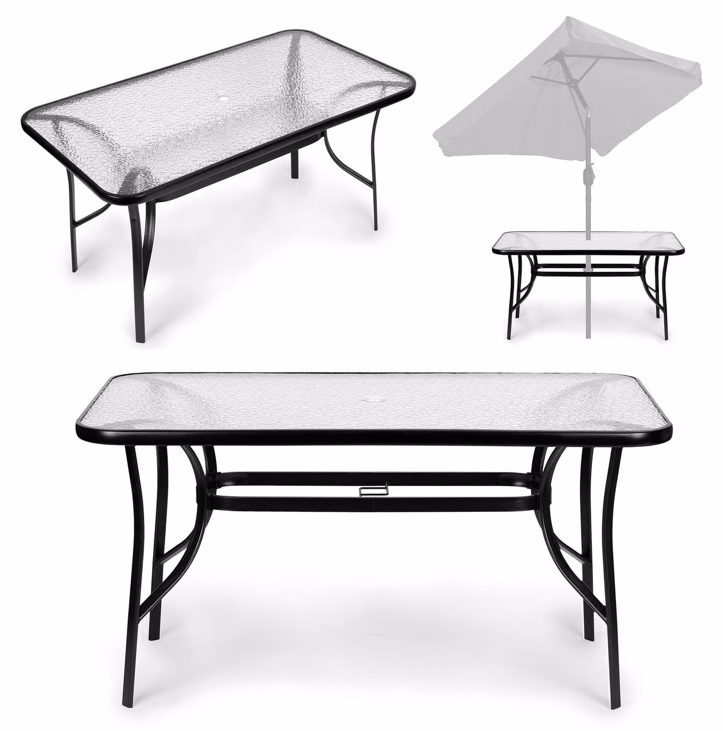Tavolo da giardino 160x90 cm, piano in vetro temperato, ideale per terrazzi e giardini, con foro per ombrellone, marca MultiGarden