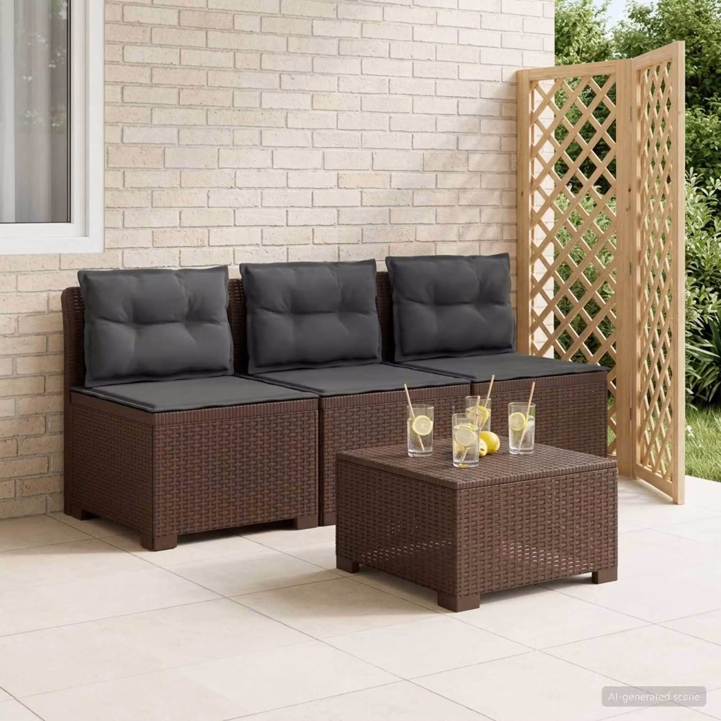 Divano da giardino a 3 posti vidaXL con cuscini in look rattan, colore antracite e marrone, resistente ai raggi UV e alle intemperie