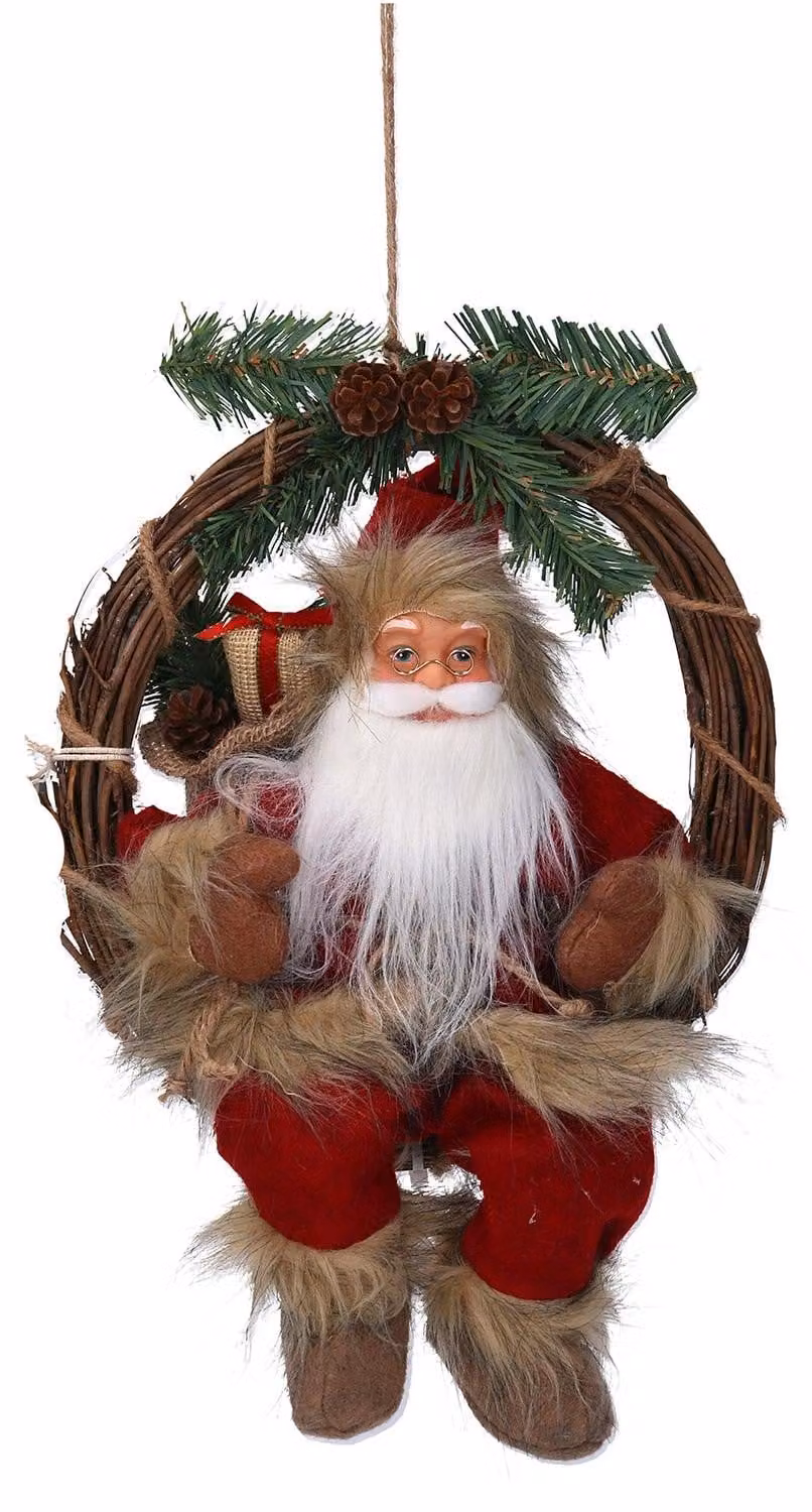 Pupazzo Babbo Natale in Tessuto su ghirlanda marrone rosso cm 23,5x13,5xh30