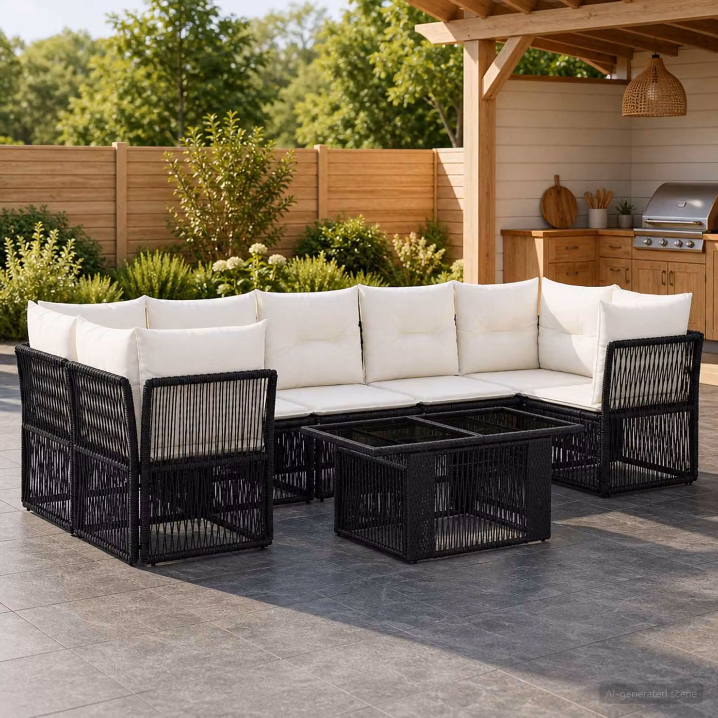 Set Divano da Giardino Moderno vidaXL in Polyrattan Nero con Tavolino e Cuscini Imbottiti