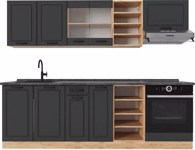 Cucina componibile Vicco R-Line in stile rustico, colore Antracite e Rovere dorato, L: 240 cm