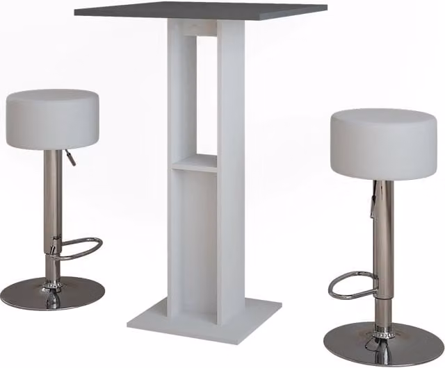 Set di tavoli da bar Repose Bianco/Antracite con 2 sgabelli Vicco, L/P: 65 x 65 cm