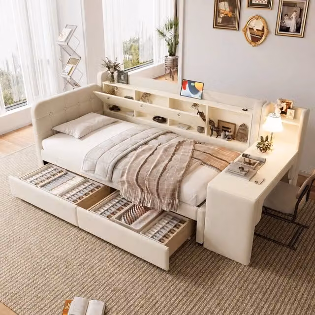 Divano letto singolo in lino beige con scrivania, prese USB e 2 cassetti, L/P/H: 238 x 90 x 101.5 cm