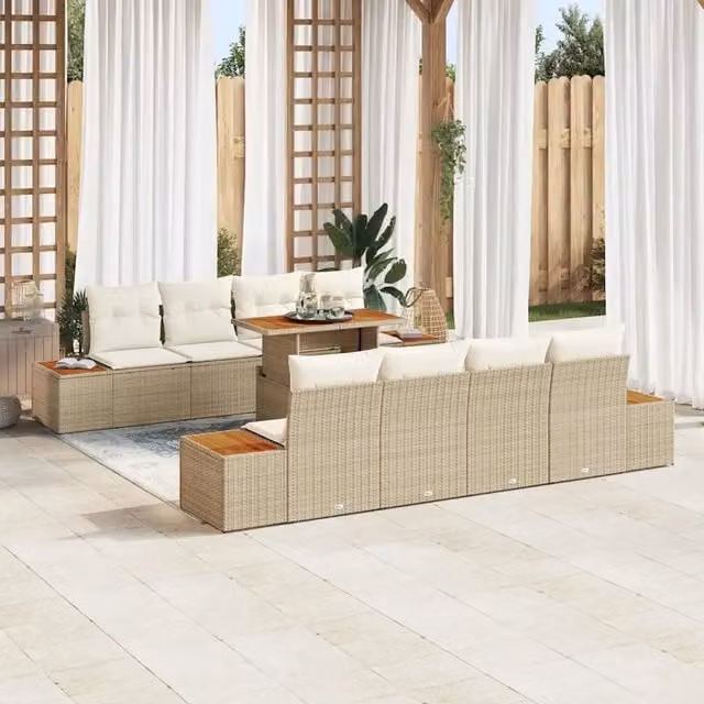 Set Divano da Giardino vidaXL a Forma a U in Polyrattan Beige con Cuscini e Tavolino