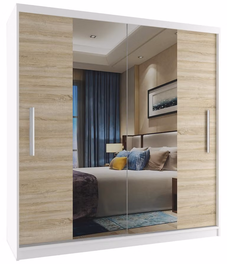 BELINI Verona, armadio scorrevole da 158 cm, bianco/effetto legno sonoma opaco. Armadio con specchio e asta appendiabiti, ideale per la camera da letto