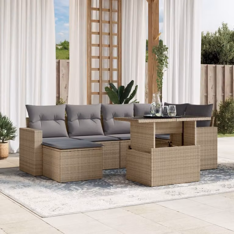 Set di divani da giardino vidaXL 7 pz a forma di L con cuscini beige e tavolino in vetro e struttura in metallo e rattan