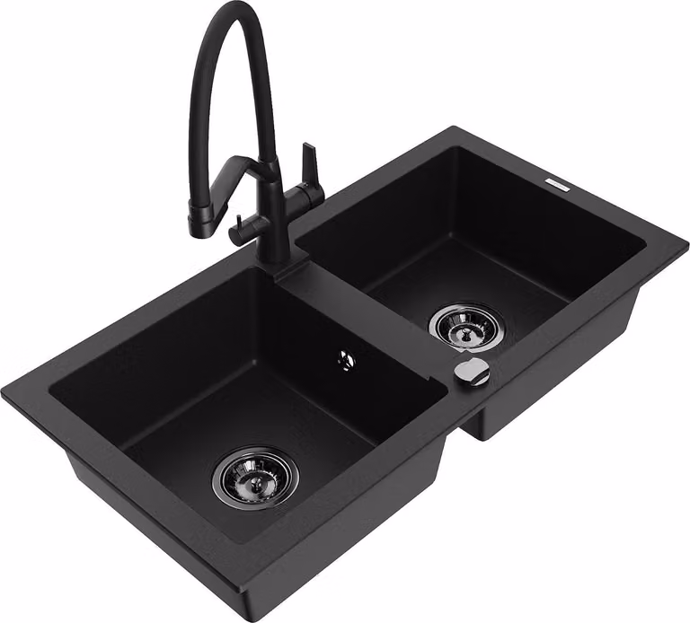 Mexen Mario lavello in granito a 2 vasche con miscelatore Duo, nero - 6504-77-671701-70-B