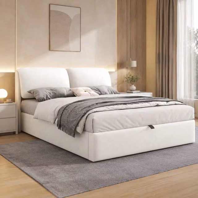 Letto matrimoniale 140 × 200 cm in velluto beige con contenitore idraulico tre cassetti e testiera regolabile
