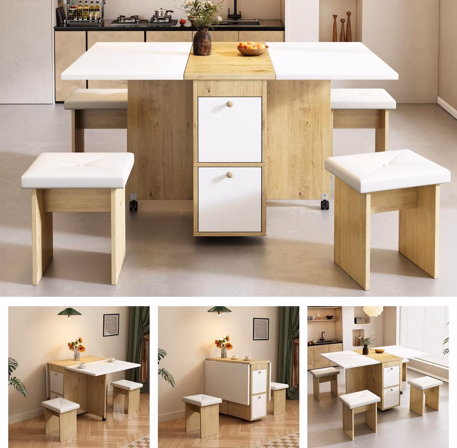 Set tavolo da pranzo Sweiko, (con tavolo da pranzo, 4 sedie), tavolo da pranzo pieghevole, 120x80x75cm, tavolo da pranzo allungabile, tavolo da pranzo allungabile multifunzionale, sedie da pranzo, bianco + rovere
