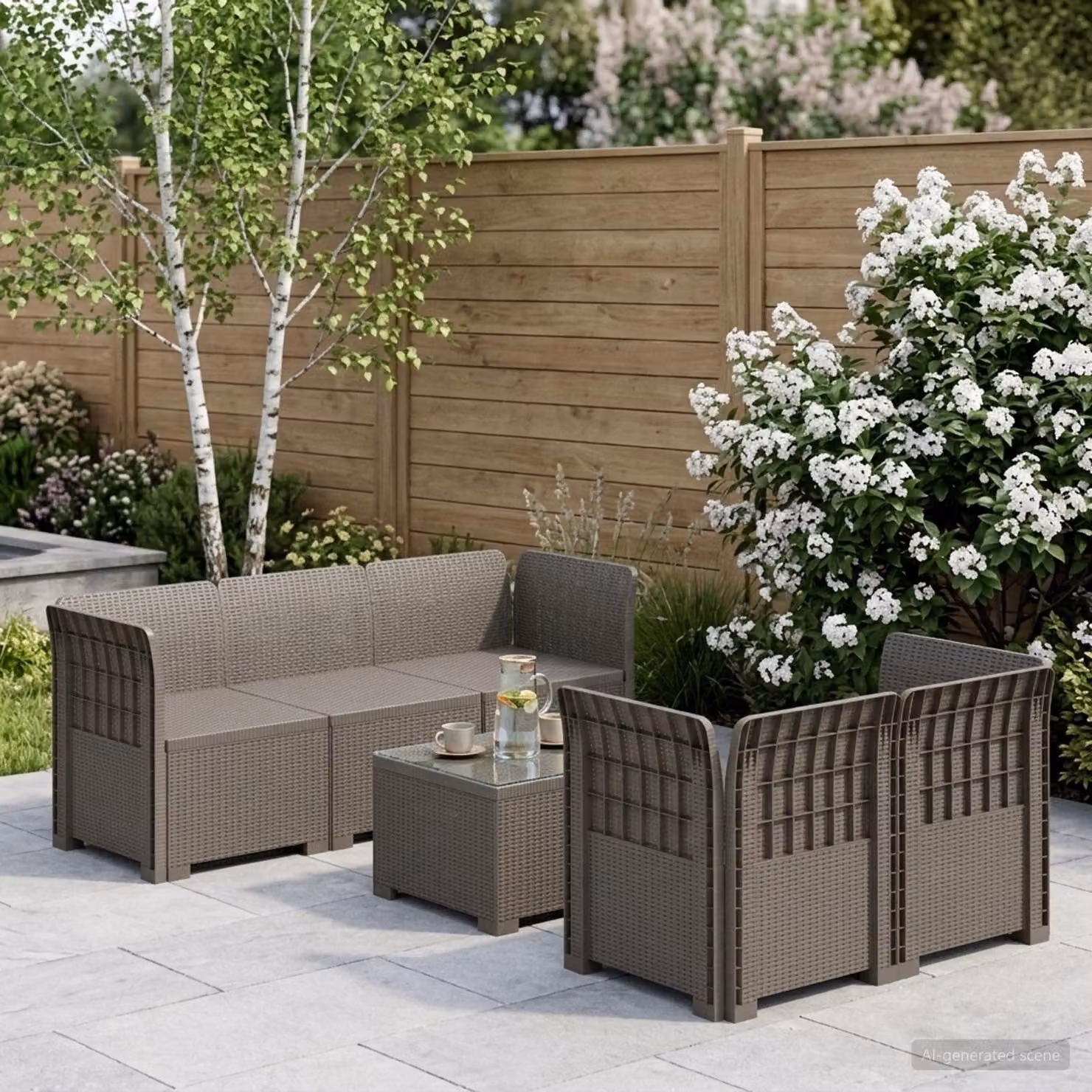 Set da giardino vidaXL a forma di L con divano da 5 posti, tavolo da caffè e cuscini in polyrattan grigio