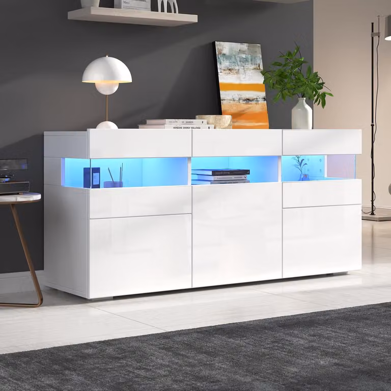 Mobile bar per soggiorno, 3 ante, 7 scomparti, finitura lucida, illuminazione LED, colore bianco, dimensioni 140x40,5x66,5 cm