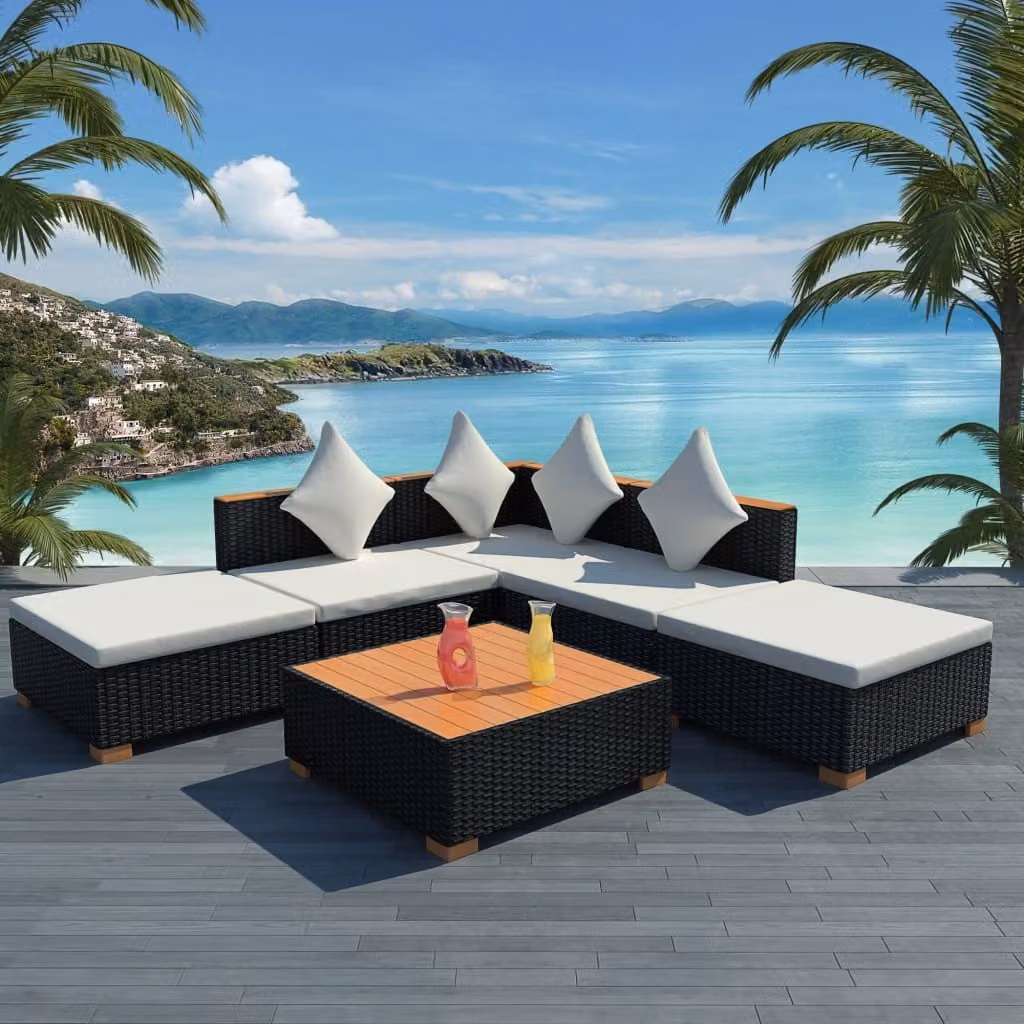 The Living Store Set da giardino da 6 pezzi con cuscini in poly rattan nero