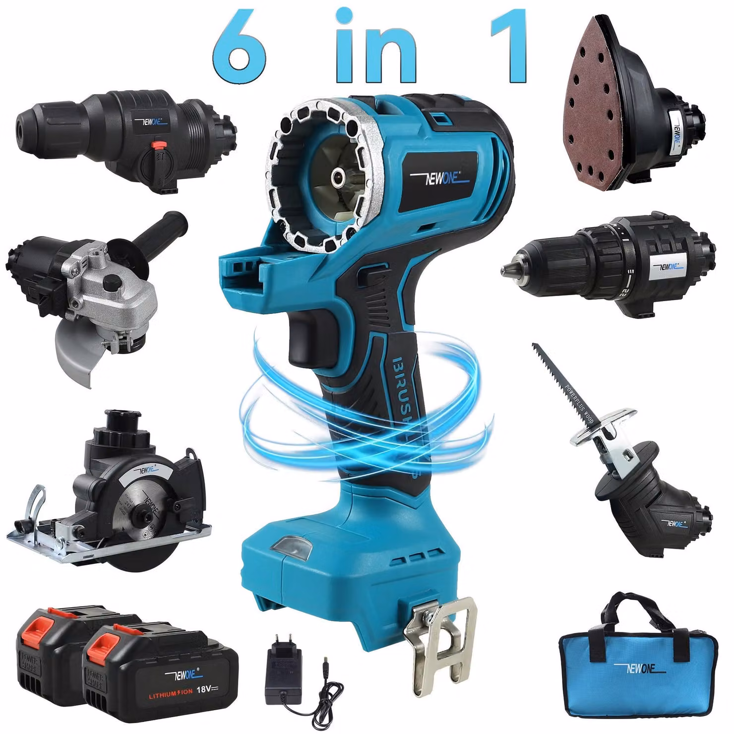 Set di utensili Accu 6-in-1: trapano, avvitatore a percussione, sega circolare, smerigliatrice, sega alternativa