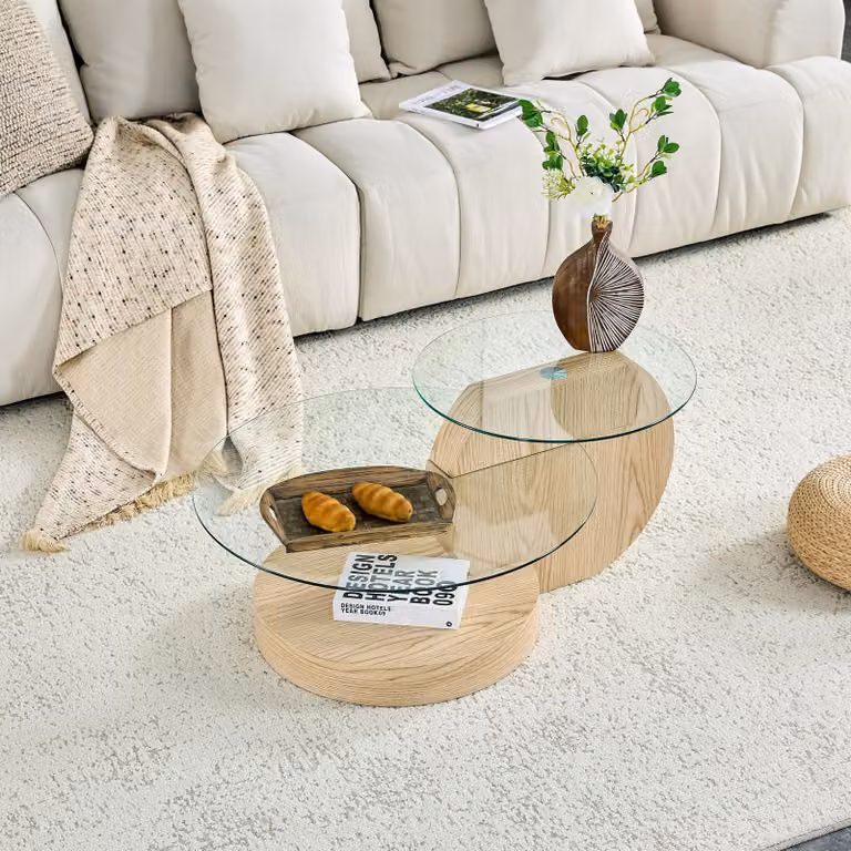 Tavolino da caffè, vetro temperato a due livelli, MDF, finitura effetto legno, disponibile in diversi colori (effetto legno)