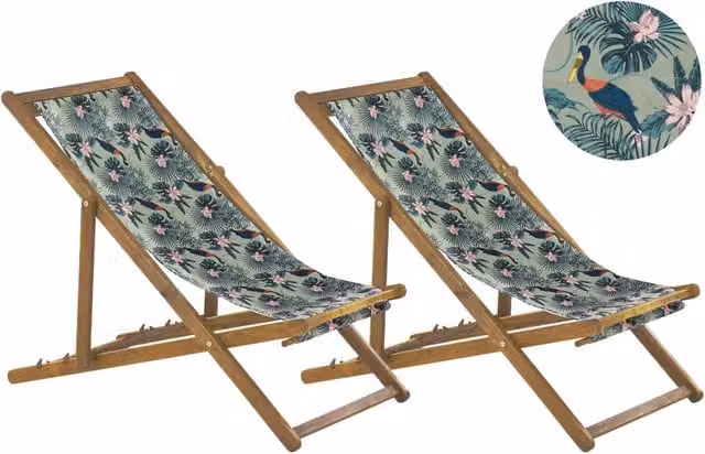 Set di 2 sedie a sdraio reclinabili BELIANI con struttura in legno di acacia oliato e sedile ad amaca con motivo pellicano multicolore per giardino e terrazzo