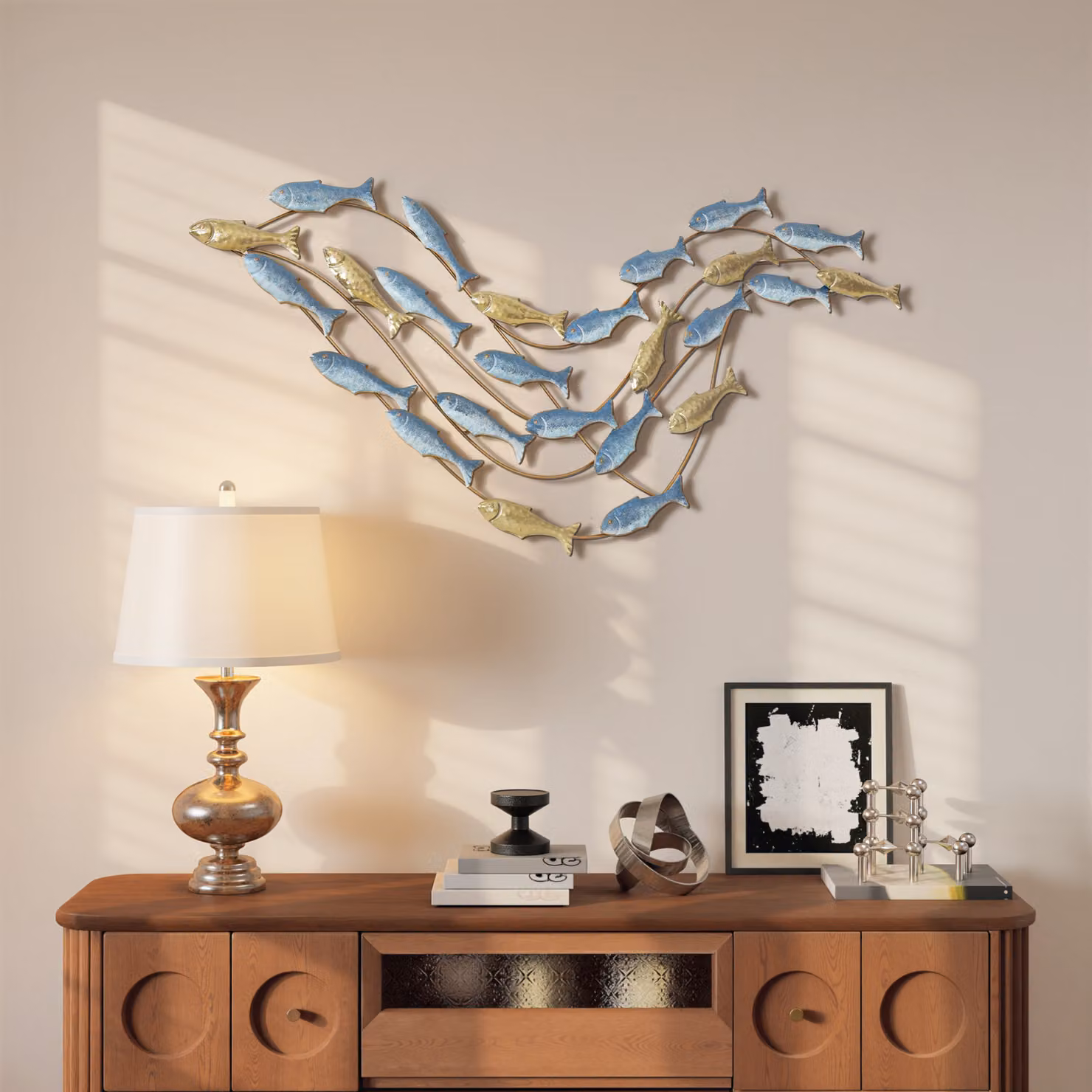 Decorazione da Parete HOMCOM Banco di Pesci in Metallo, Oro e Blu, L: 99.7 cm, P: 3.8 cm, H: 50.2 cm – 2