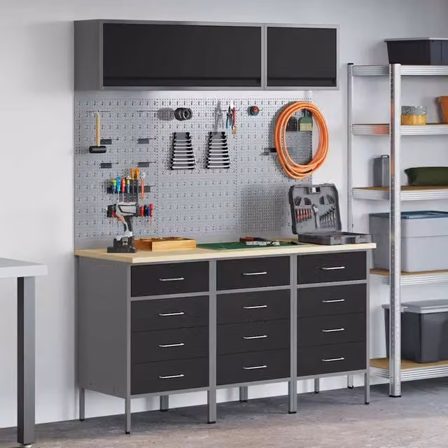 Set di mobili da lavoro con cassetto vidaXL in acciaio e legno, 8 pezzi, Nero