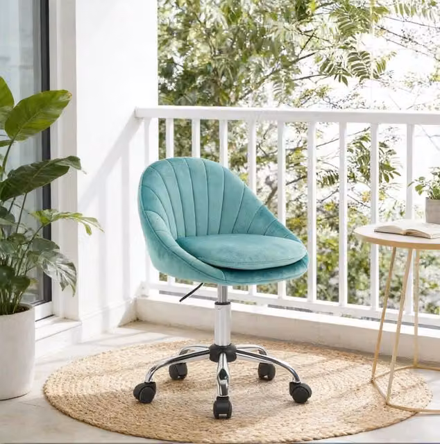 Sedia da ufficio ergonomica moderna in velluto turchese con base in metallo e ruote girevoli 360 gradi