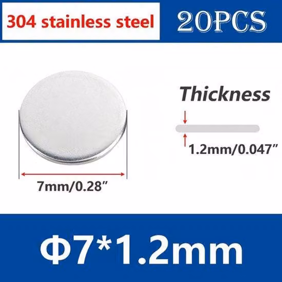 Dischi metallici, 20 pezzi - Diametro 7 mm - Spessore 1,2 mm - Acciaio inossidabile 304 - Per elettronica e industria