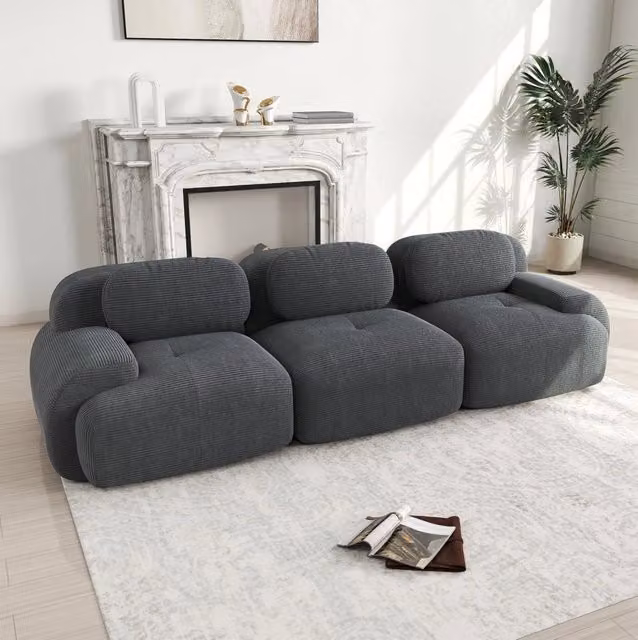 Divano angolare modulare senza struttura in velluto a coste grigio; 298×103×70 cm
