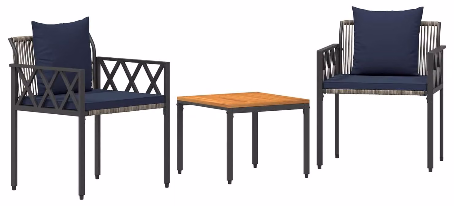 Set da giardino composto da 3 pezzi, in rattan sintetico grigio e blu navy