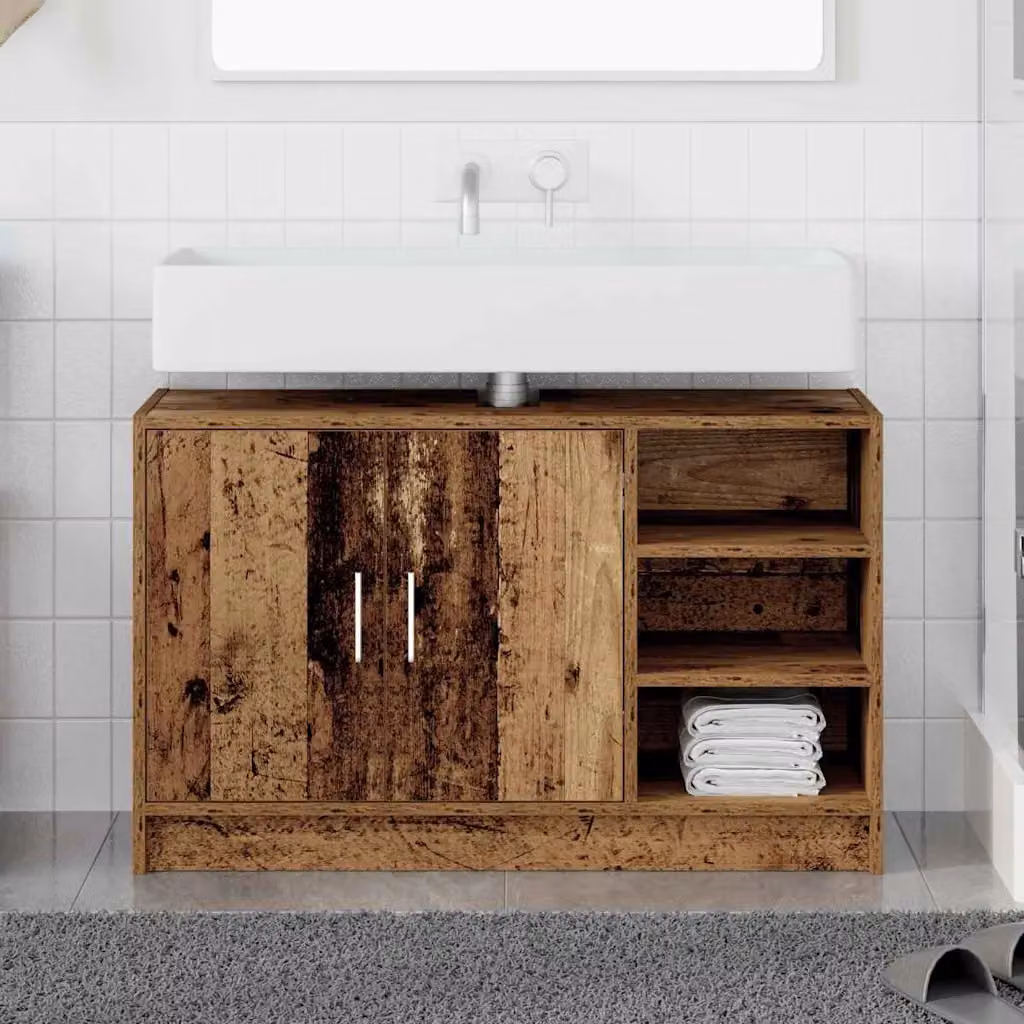 Mobile da bagno vidaXL in legno effetto legno vecchio marrone con ante a battente e ripiani interni L: 90 cm, P: 29 cm, H: 55 cm