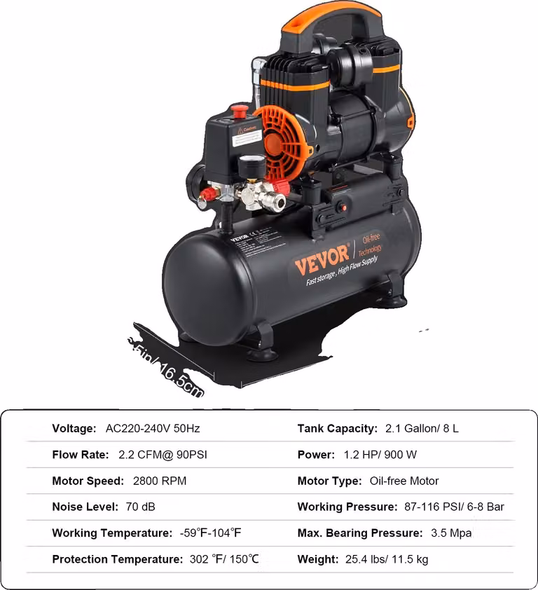 Compressore d'aria, potenza 900W, capacità 2,1 galloni, 8L, 900W