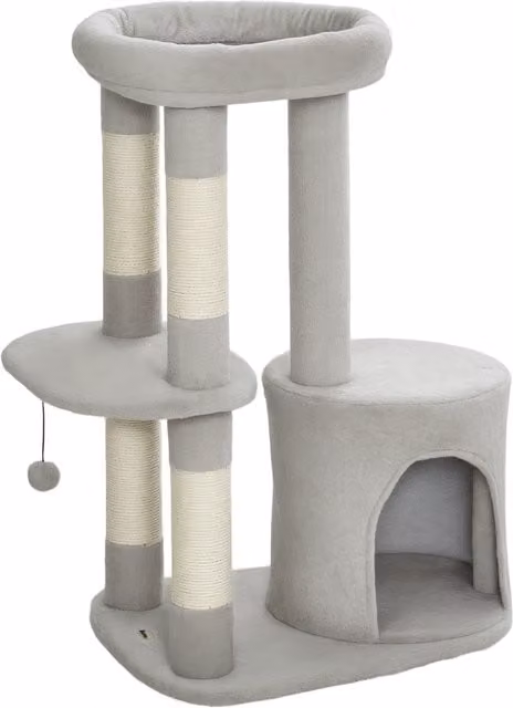 Torre giochi per gatti PawHut con tiragraffi, piattaforma, cuccia e pallina in tessuto peluche, H 90 x L 60 x P 45 cm, grigio chiaro – 1