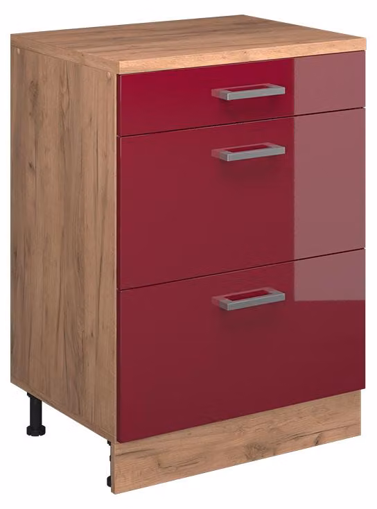 Mobile cucina sottotetto Vicco R-Line Rosso lucido 60 cm senza inclinazione con 3 cassetti, Model 61716