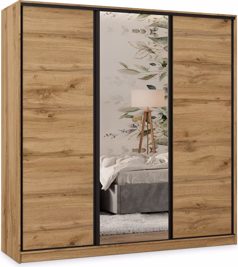 Armadio scorrevole Masseno TARI 180/205/58 cm Armadio con 4 cassetti Armadio per camera da letto a 3 ante con specchio Rovere Wotan