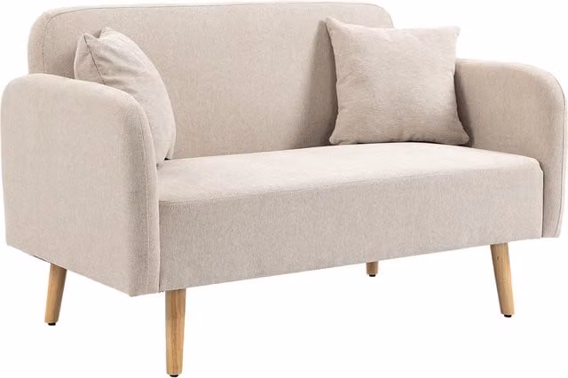 Divano a due posti HOMCOM in tessuto beige con design moderno, 2 cuscini inclusi e gambe in legno, L: 130 cm, P: 70 cm, H: 80 cm