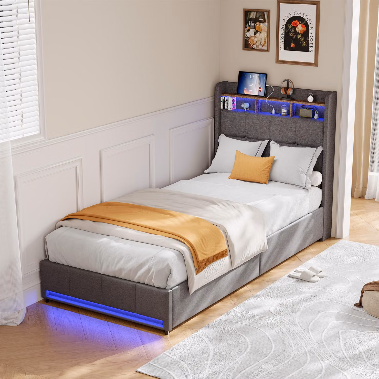 Letto imbottito ProximaX 90×200 cm in grigio - tessuto di lino, 2 cassetti laterali, testata con connessione USB e Type-C, luce LED - Ideale per camere da letto