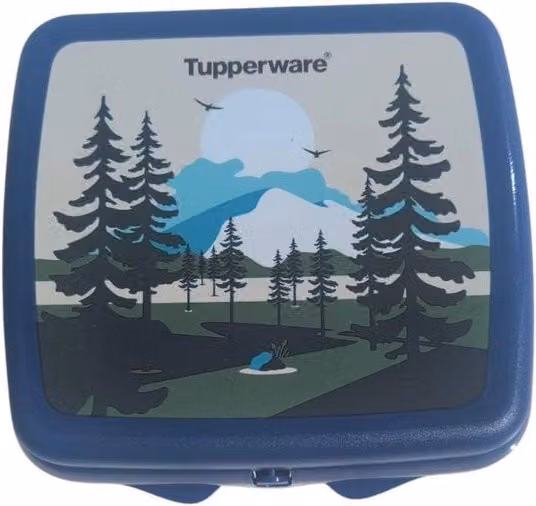 Contenitore per sandwich Tupperware blu con motivo bosco e chiusura a clip in plastica