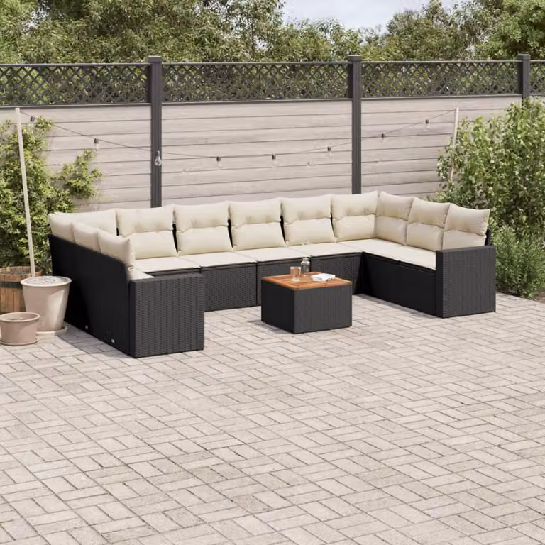 vidaXL Set Divani da Giardino 11 pz in Polyrattan Nero con Cuscini e Tavolino da Esterno