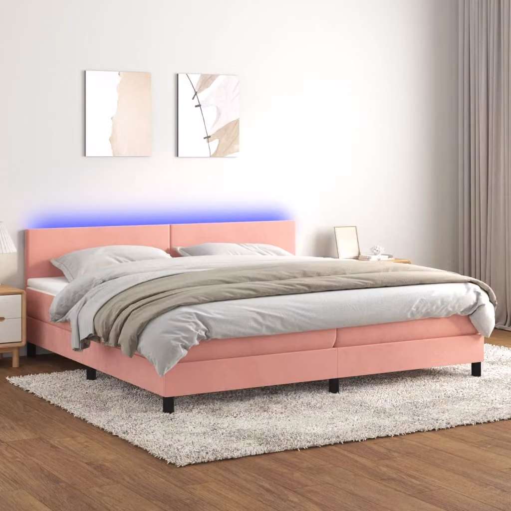 The Living Store Letto a molle con materasso e LED Rosa 200x200 cm Velluto