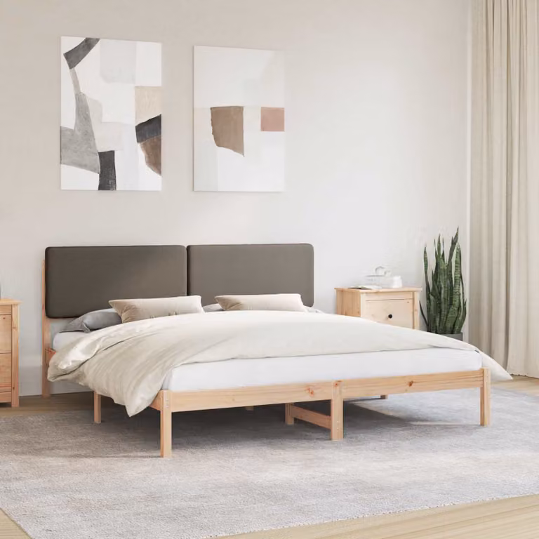 Letto con Testiera Rivestita in Tessuto vidaXL in Pino Massello, L/P/H: 180 x 200 x 185,5 cm, Colore Beige/Grigio