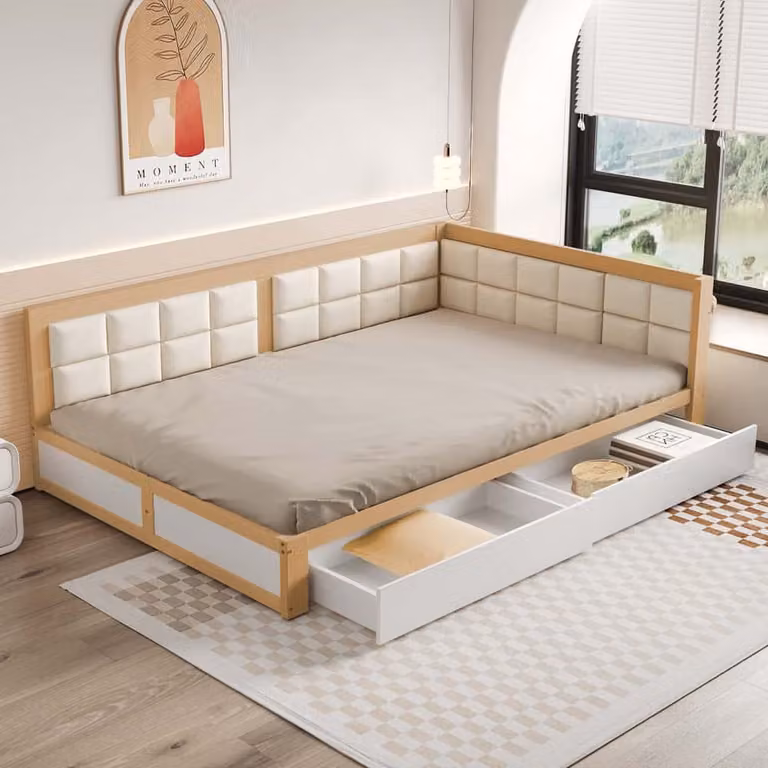 Divano letto AIORBER, 140x200 cm, due cassetti grandi, rete a doghe, pino di alta qualità, con cassetti portaoggetti, schienale morbido, colore legno