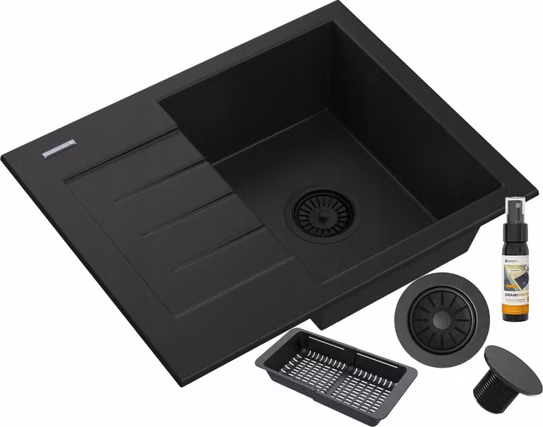 Granitan - Lavello in granito - Lavello da cucina - 57x46 cm - Nero - con scolapiatti e cestello scolapiatti - MILANO
