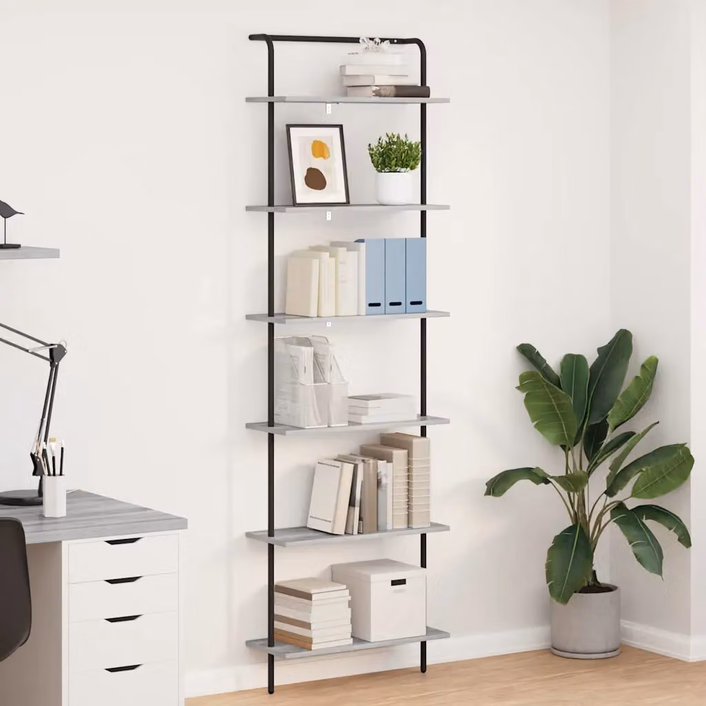 Libreria moderna vidaXL a 6 livelli in legno ingegnerizzato e metallo, colore grigio, L: 60 cm, P: 24 cm, H: 203 cm