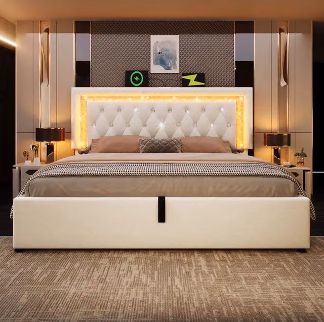 Letto matrimoniale imbottito ULEVR 140x200 cm con materasso, contenitore idraulico, LED, USB e Type-C, velluto beige